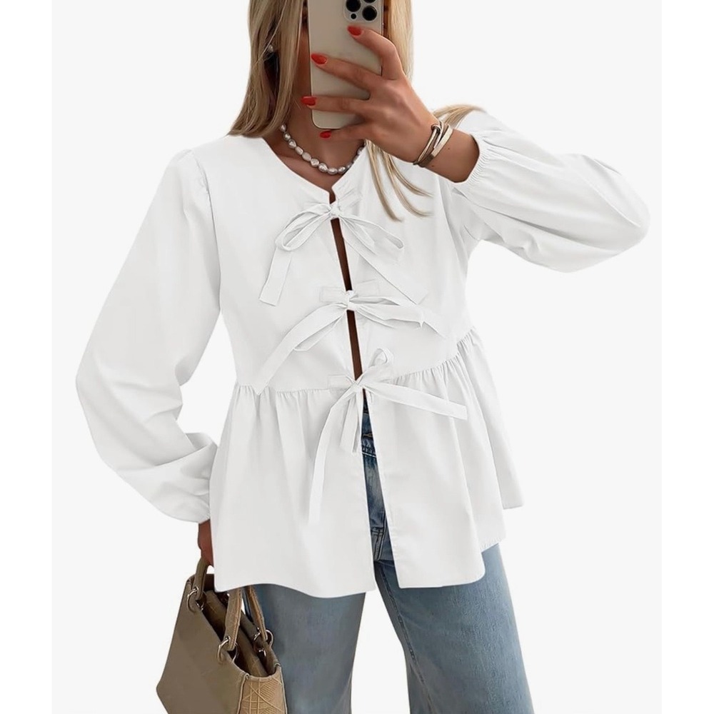 NEW White Tie‎ Front Peplum Blouse Long Bishop Sleeve Ruffle Hem Top Size Large